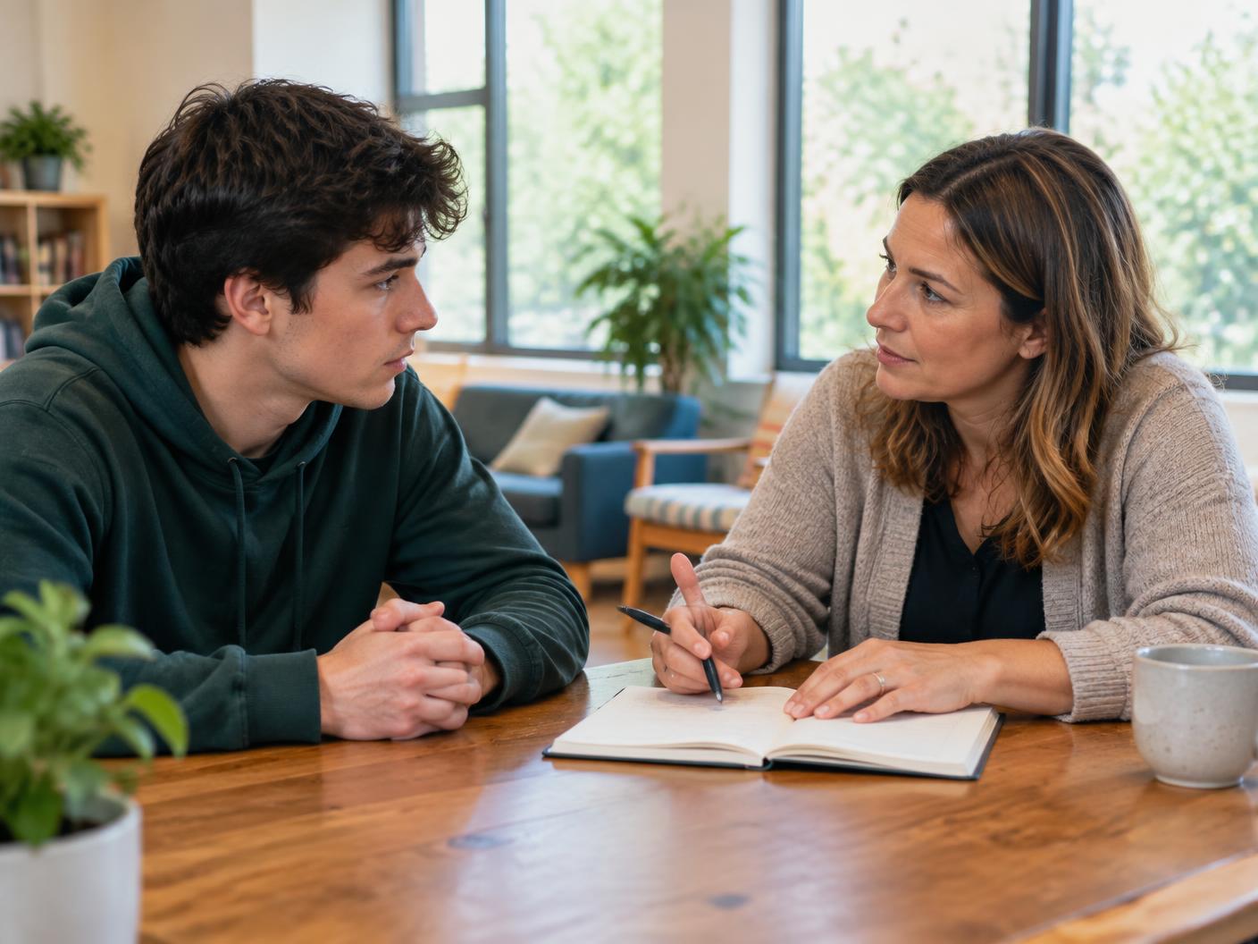 Een jongvolwassene en een begeleider bespreken samen de volgende stappen