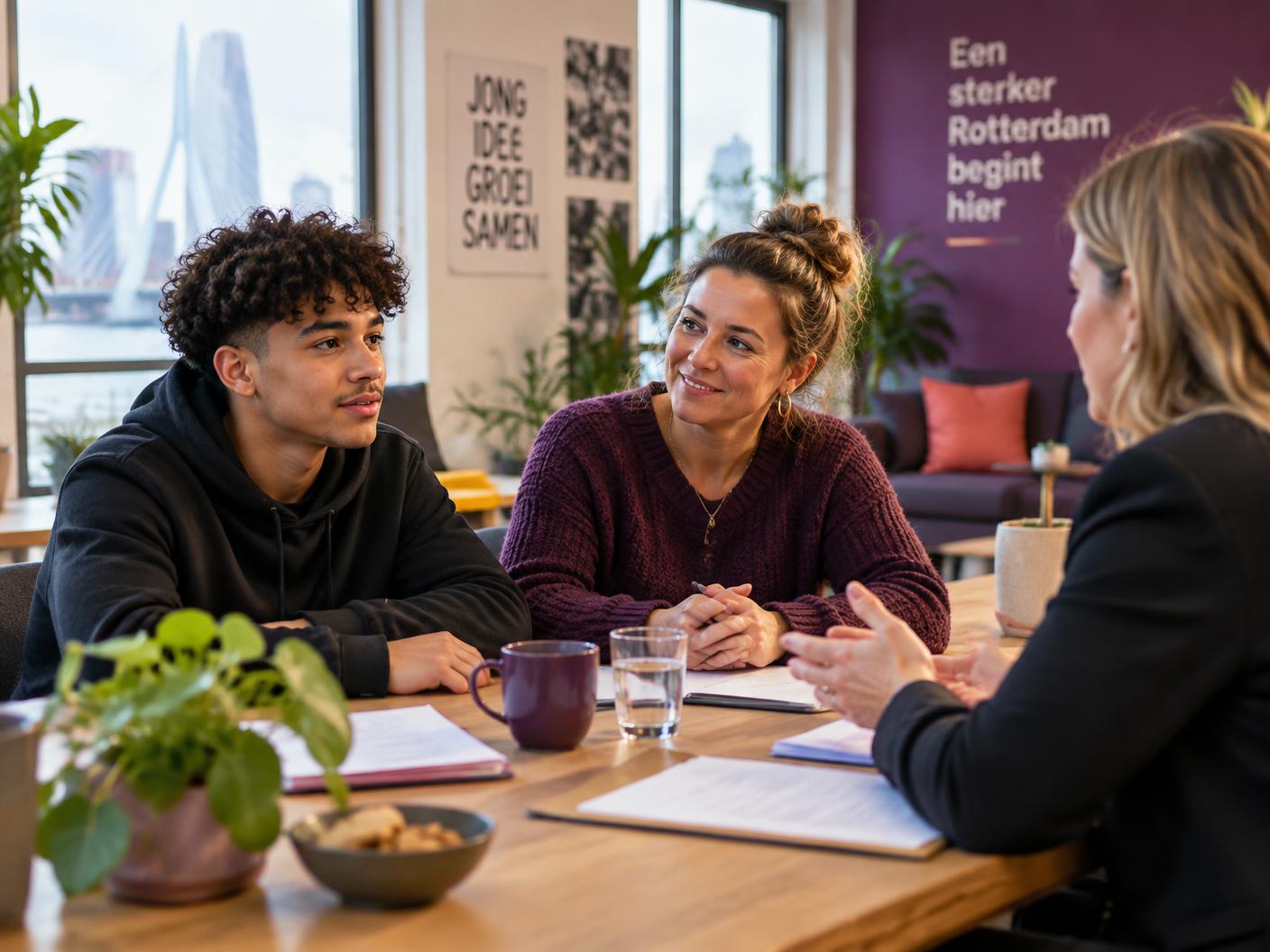 Een jongere, begeleider en verwijzer bespreken samen de ondersteuning